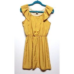 Ophelia for FC Polka Dot Dress Yellow taupe Sz M elastic waist ruffle cap sleeve